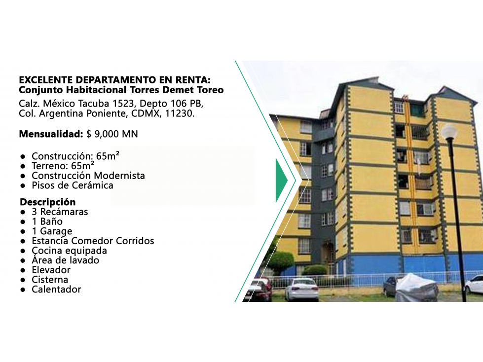 DEPARTAMENTO EN RENTA: Méx.Tacuba 1523, Argentina Poniente, CDMX,11230